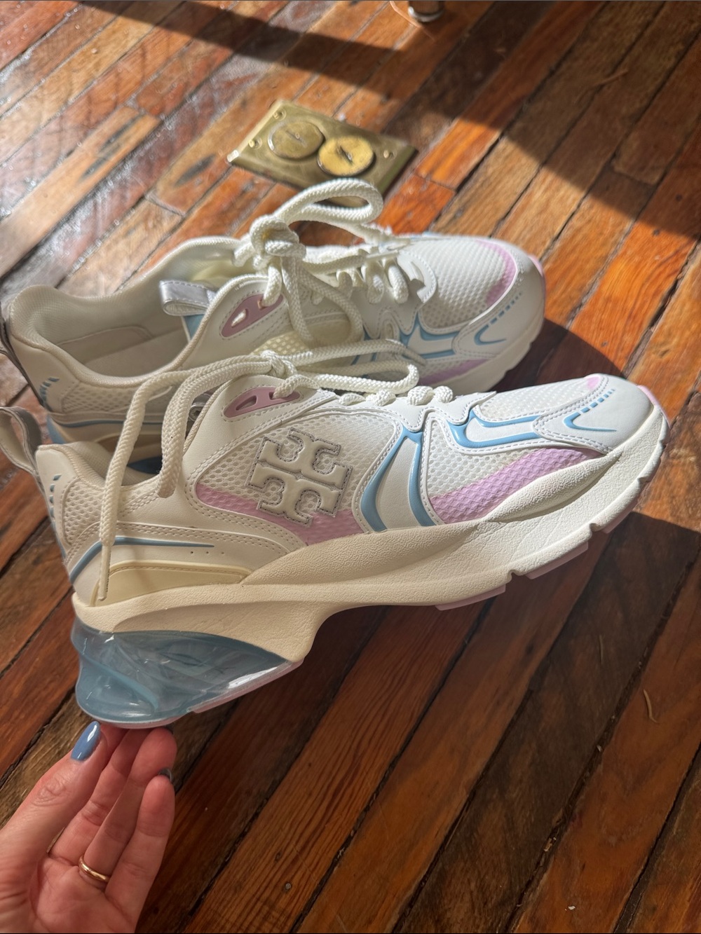 Tory Burch White Sneakers with Pastel Pink & Blue Accents